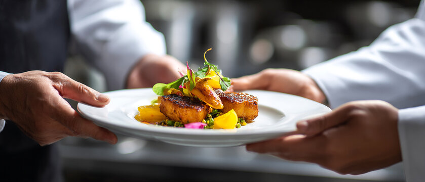 A chef presenting a plate of food with a beautifully prepared main course
