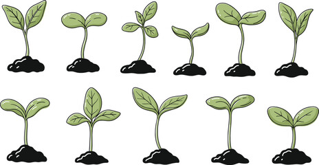 Hand drawn seedling sprout vector set with young plants growing from soil for gardening and ecology design