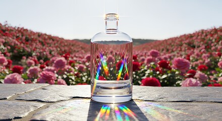 Fototapeta premium A glass bottle containing rainbow colored flowers stands on a rocky surface amidst a field of vibrant pink flowers under a clear sky