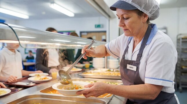 School cook serving hot soup to students in cafeteria line  