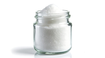 Glass jar filled with white salt granules isolated on white background, clean and bright with natural texture and reflection