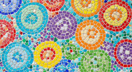 Colorful mosaic background with ceramic tile circles. Abstract artistic pattern with small pieces. Art decoration for interior design.