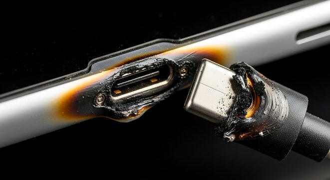 Damaged USB- C port and cable from electrical short circuit 