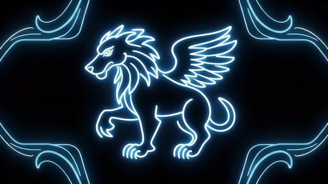 Neon blue glowing outline of a majestic winged lion on a dark background with decorative frame.