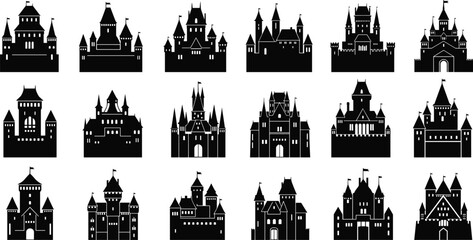 Black and white castle silhouettes collection featuring medieval fantasy fortress icons with towers gates and turrets isolated on white © Sujoy