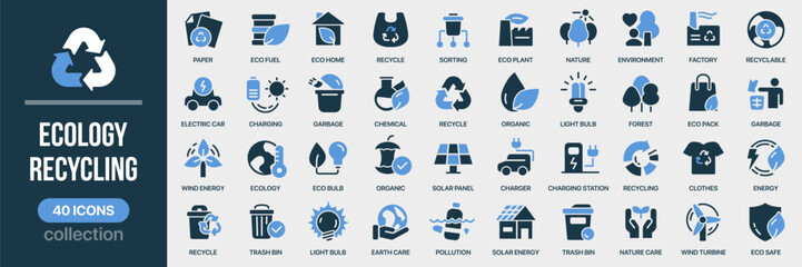 Obraz premium Ecology and recycling fill icon collection. Includes sustainability, energy, and environmental care symbols. Created in colored style with blue palette