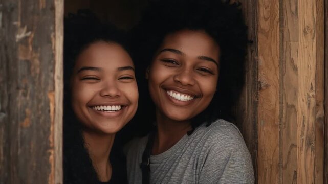 Smiling pair leaning, laughing with smile sparking in narrow wooden doorway, worn frame, grey strap