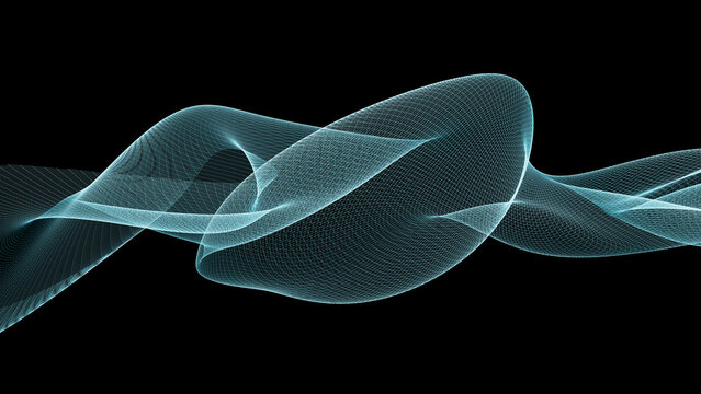 3d rendering of a wave form moving in a dark space with soft curves and lines