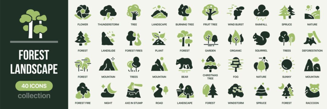 Forest and landscape fill icon collection. Includes natural scenery, trees, wildlife, and ecology symbols. Created in colored style with green palette