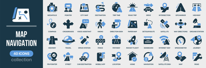 Obraz na płótnie Canvas Map and navigation fill icon collection. Includes navigation tools, routes, and direction symbols. Created in colored style with blue palette