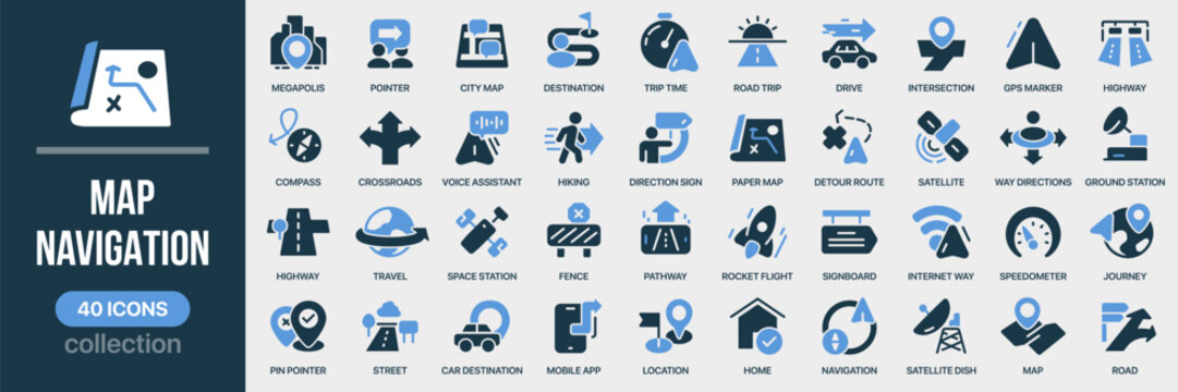 Map and navigation fill icon collection. Includes navigation tools, routes, and direction symbols. Created in colored style with blue palette