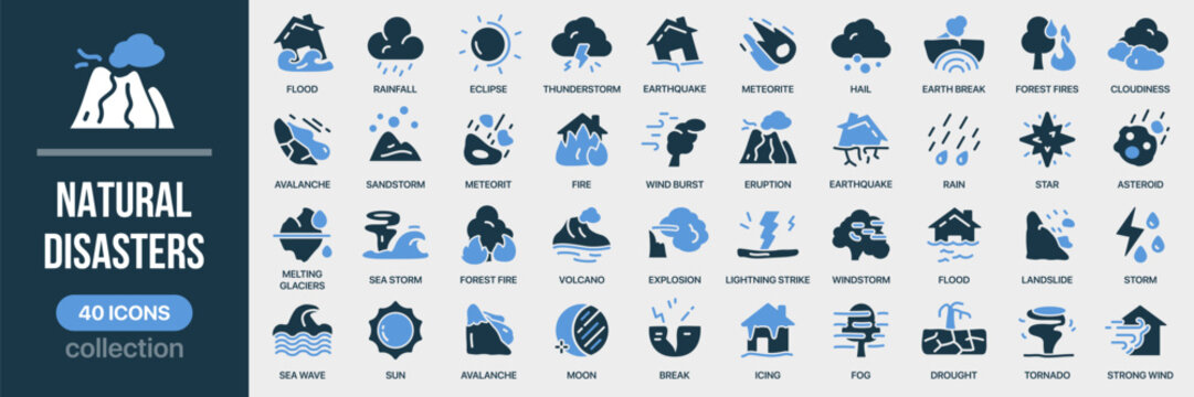 Natural disasters fill icon collection. Includes extreme weather and emergency events. Created in colored style with blue palette
