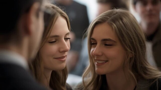 Smiling women in blazers leaning in, holding gaze at busy reception, prompted by blurred lapel
