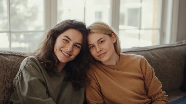 Smiling blond leaning resting head on dark-haired pal wearing sweats on sofa by window seeking calm
