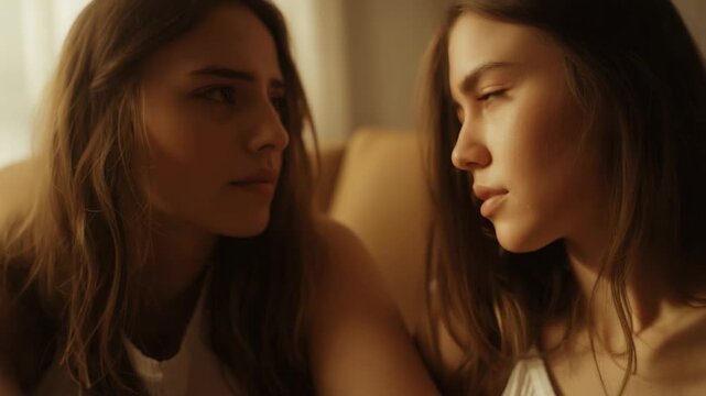 Sustaining eye contact, two women leaning closer and sharing quiet moment on warm sofa in tanks