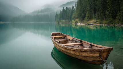 Obraz premium A wooden boat floats on a serene lake surrounded by dense forest and mountains