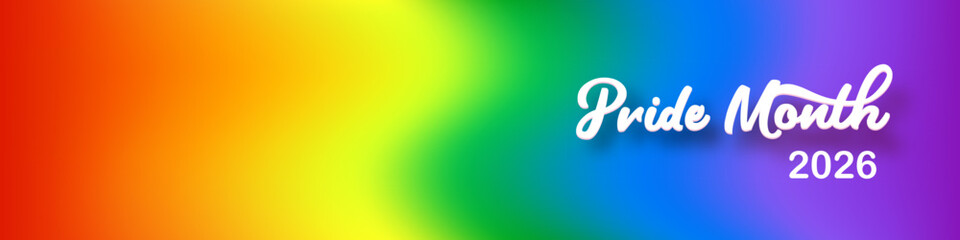 Fototapeta premium LGBT Pride Month 2026 Rainbow Gradient Banner with Heart Icons, Celebrating Diversity and Unity in the LGBTQ Community. Pride month wide banner 2026