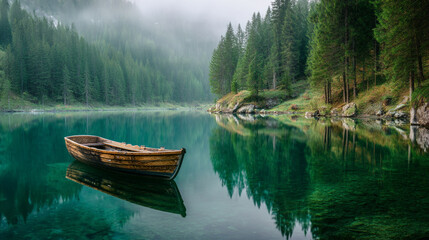 Obraz premium A small wooden boat floats on a calm lake surrounded by dense forest