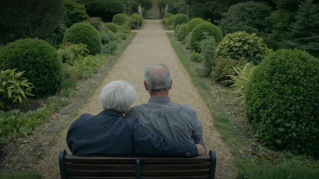 Shifting closer, woman resting head on man's shoulder on bench at gravel path, seeking closeness