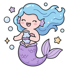 Fototapeta premium Kawaii Aquarius Mermaid Holding Water Jug - Cute Chibi Sea Zodiac Mascot Vector