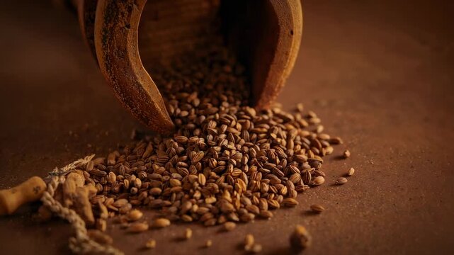 Spilling tilted earthenware pot releasing golden kernels onto textured wooden tabletop, rope peg