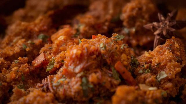 Shifting camera revealing crumbly carrot mixture on dark surface, revealing star anise for texture