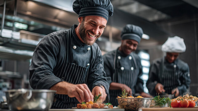 Three chefs are preparing food in a commercial kitchen with one garnishing a dish