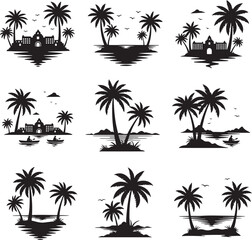Fototapeta premium Minimalist Black and White Tropical Island Vector Set with Palm Trees and Resort