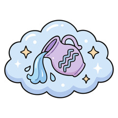 Obraz premium Aesthetic Aquarius Jug Symbol on Cloud with Stars - Kawaii Zodiac Astrology Sticker Vector