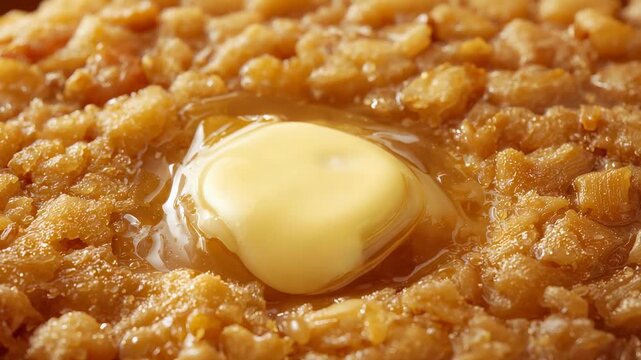 Pouring thin stream from offscreen spout hitting crumbly base in studio to create glossy sauce pool