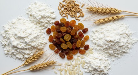 Assorted baking ingredients including flour, raisins, rice, and wheat grains arranged on white background, ideal for food packaging design and culinary recipe illustrations