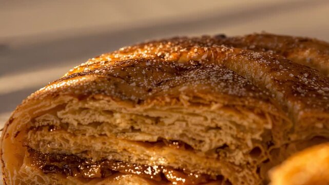 Pulling focus, cam showing laminated pastry on counter, exposing caramel filling, sugar for texture