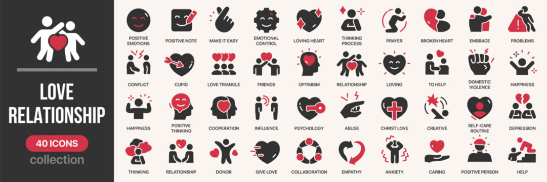 Love and relationship fill icon collection. Includes emotions, psychology, support, conflict, and affection concepts. Created in colored style with red palette