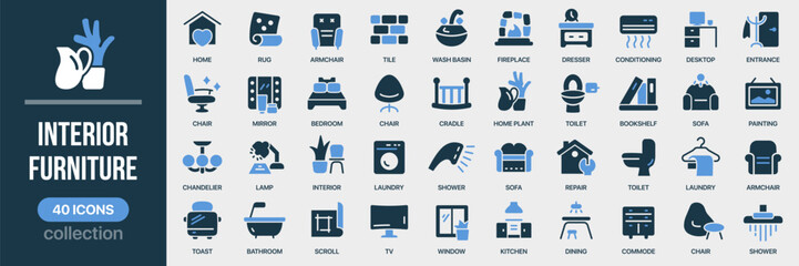 Interior and furniture fill icon collection. Includes home furniture, rooms, decor, lighting, and household objects. Created in colored style with blue palette © stas111