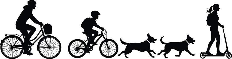 Obraz premium Active people silhouette vector illustration set featuring woman riding bicycle child on bike dogs running and girl on kick scooter isolated on white background.