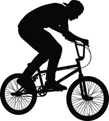 Obraz premium Action silhouette of a professional young man performing stunts on a BMX bike isolated on white background for sports lifestyle and urban cycling.