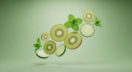 Soft Green Background with Floating Kiwi Mint and Cucumber
