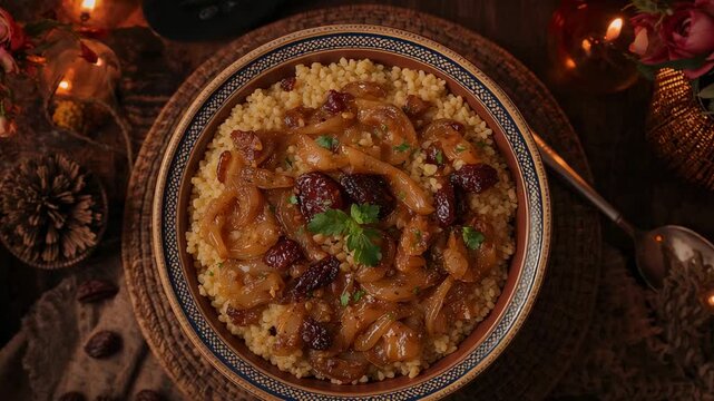 Holding cam, filming couscous on table with spoon, candle flicker shifting glints showing detail
