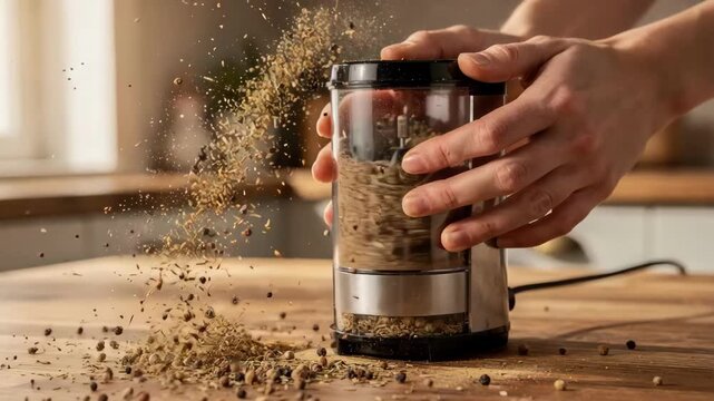 Medium shot of hands operating an electric grinder to achieve a coarse grind of whole spices capturing the texture and movement during size reduction.