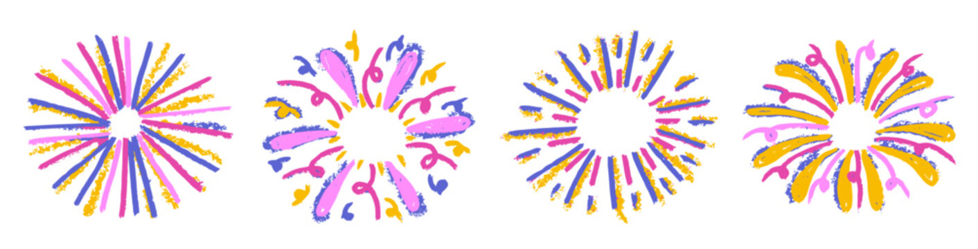 Hand drawn celebration with crayon fireworks spark and brush confetti.
