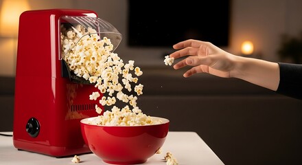 Red Popcorn Machine Dispensing Popcorn into a Red Bowl movie snack