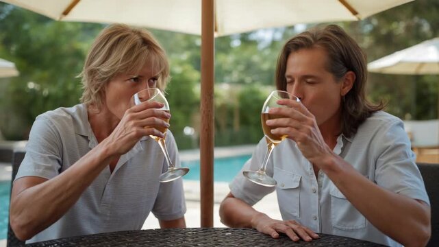 Bringing stemmed glasses together, couple clinking then sipping at poolside table, to relax