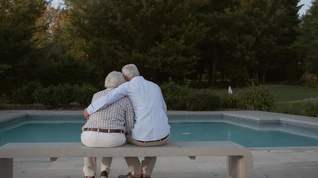 Placing arm around partner, senior couple leaning on bench facing pool, trees, wearing light shirts