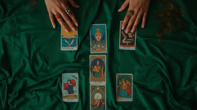Leaning tarot reader arranging spread on green cloth, forming readable layout with rings, coins