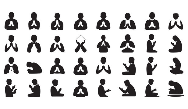 People praying gesture icon set, pray hand position simple flat black silhouette vector illustration collection