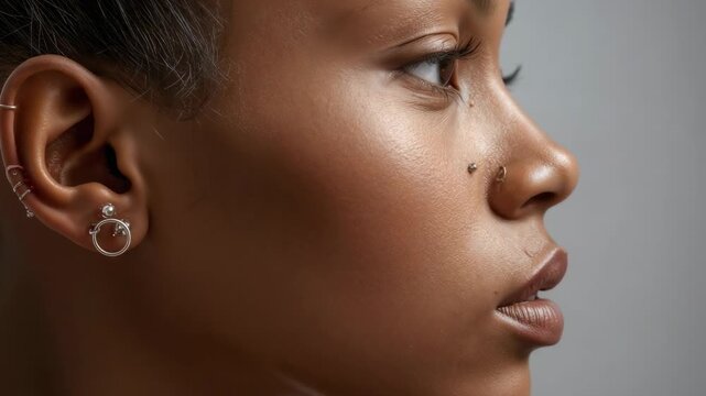 Opening eyes, woman holding right studio profile, showing hair pulled back, earrings and nose studs