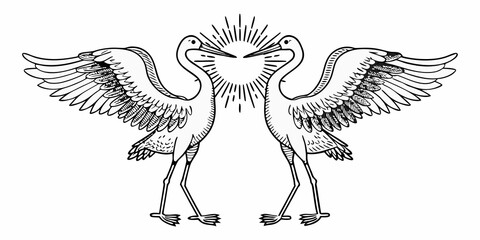 Obraz premium Two stylized heron birds face each other with wings outstretched