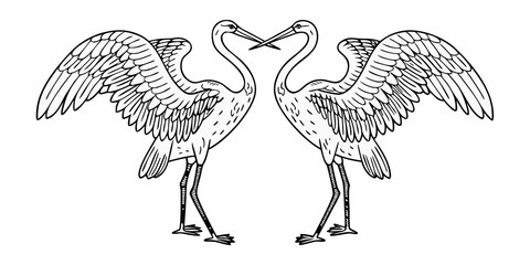 Fototapeta premium Two cranes facing each other with beaks touching in a symmetrical illustration