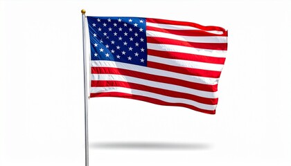 United States flag waving on flagpole against plain white background&mdash;red and white stripes, blue canton with stars.