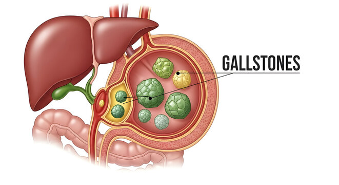 Detailed medical illustration of gallstones in human gallbladder